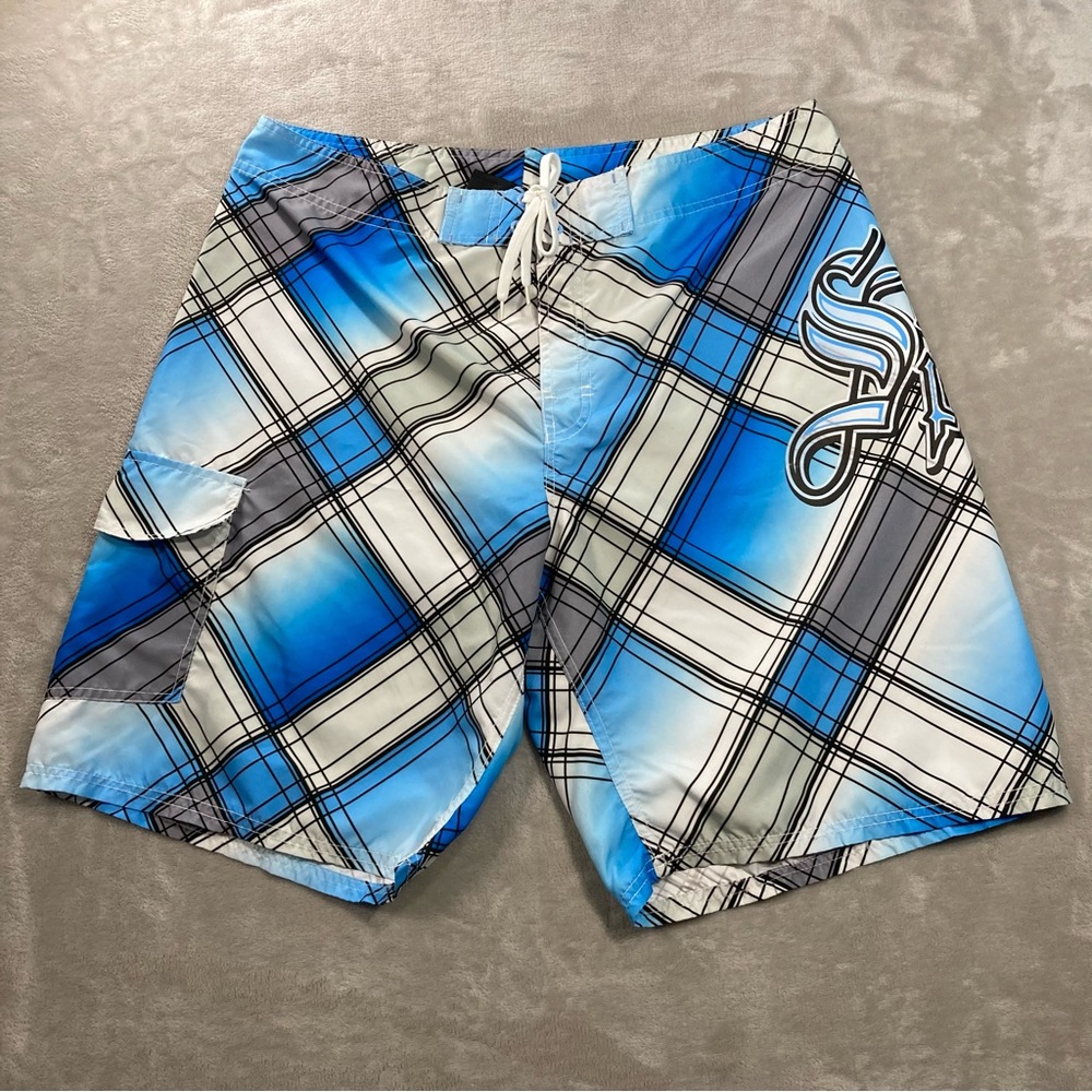 Southpole Men's Board Swim Trunks Blue White Plaid Sz XL(36)